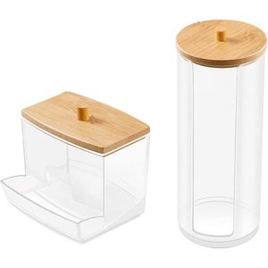 Kaptafel Organizer met Bamboe Deksel voor Wattenschijfjes en Wattenstaafjes - Heldere Acryl Opbergdoos