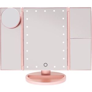 UNIQ Trifold Make Up Spiegel met LED verlichting en 2 vergrootspiegels - Staande spiegel - 21 LED-lampjes - op batterijen en USB (kabel incl) - Rosé Goud