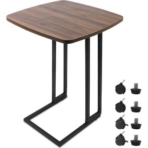 Bijzettafel C-vormige banktafel met wielen, moderne walnootkleurige MDF-paneel salontafel met metalen frame woonkamertafel voor koffie, laptop, balkon, 40 x 40 x 61 cm (L x B x H)