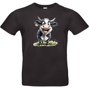 T-shirt zwart met opdruk van een blije koe (happy cow, koeienprint) maat S