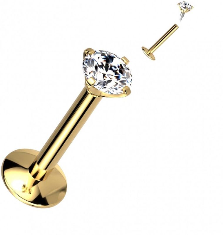 Titanium - CZ Steen Top - Gold Plated - Intern Schroefdraad - Verkocht Per Stuk