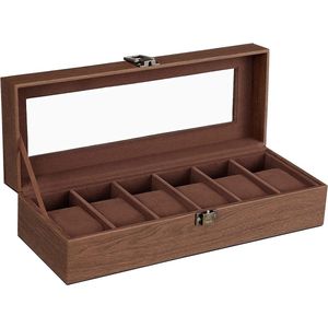 Horlogedoos voor 6 horloges, horlogekast met glazen deksel, horlogekussen van fluweel, horlogekoffer met slot, 11,2 x 30 x 8 cm, cadeau-idee, PU-bekleding in bruin, fluwelen voering in bruin