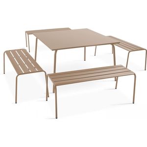 Oviala - Set van een vierkante tuin tafel en 4 banken in taupe metaal - Palavas