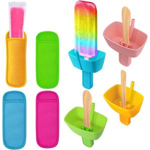 8-delige ijslollyhouder en popsicle mouwenset voor kinderen met druppelvrije siliconen houder, rietje en herbruikbare neopreen mouwen