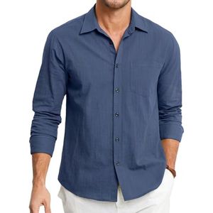 Linnen-katoenen herenoverhemd met lange mouwen, ademend en lichtgewicht casual shirt