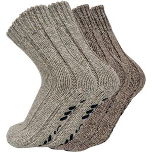 Noorse Dikke Wollen sokken met antislip - Set van 2 paar - Beige & Bruin - maat 35-38 - Huissokken dames/Dikke Wintersokken kinderen/Hygge