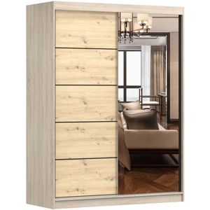 Schuifdeurkast LARA 05 – 2-deurs kledingkast met spiegel, legplanken en kledingroede – modern design – 150x200x61 cm - LARA 05 (Sonoma + Artisan Eiche)