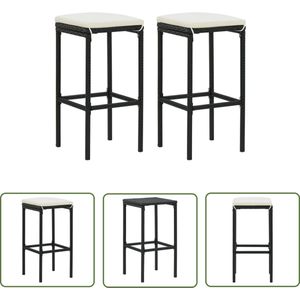 The Living Store Barkrukken - Set van 2 - PE-Rattan - Zwart - 38x38x76cm - Crèmewit Kussen - Barstoelen - Barkrukken - Bistro Stoelen - Eetkamerstoelen - Outdoor Meubels