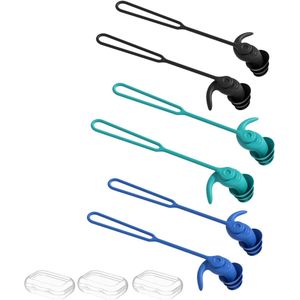 Zwemoordopjes - 3 paar - Siliconen zwemoordopjes - Ruisonderdrukkend - Met koord - Anti-verlies en waterdicht - Gehoorbescherming - Herbruikbaar - Zwemaccessoire - Geschikt voor zwemmen, douchen, surfen, snorkelen - Cyaan, Zwart, Blauw