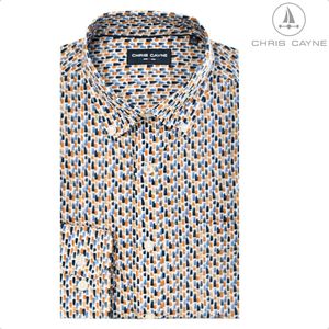 Chris Cayne overhemd lange mouw - maat M - blouse 1249 - blauw/oker print - met borstzak