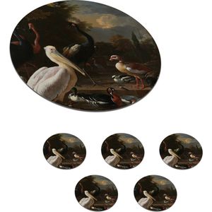 Onderzetters voor glazen - Rond - Een pelikaan en ander gevogelte bij een waterbassin - Schilderij van Melchior d'Hondecoeter - 10x10 cm - Glasonderzetters - 6 stuks