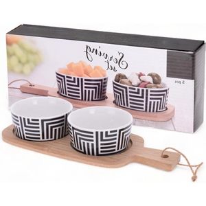 3-delige serveerset - Stijlvolle houten plank & 2 porseleinen schalen met geometrisch patroon - Ideaal voor tapas, olijven, kaasblokjes, sauzen, dips of snoep - Wit 25 x 10 x 5 cm
