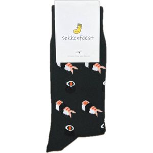 Sokkenfeest Sushi Sokken - One Size Fits All - Grijze Sokken Met Verschillende Japanse Sushi - Warm Cadeau Voor Chef Kok - Unisex