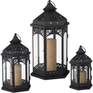 Relaxdays lantaarn set van 3 stuks - windlicht - decoratief - lantaarns - 3 groottes zwart