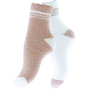 Calzera Fluffy Sokken Dames - 2 Paar - Beige/Wit - Huissokken - Badstof - Dikke Wintersokken - Cadeau voor haar - Housewarming - Verjaardag - Vrouw - Maat 35-42