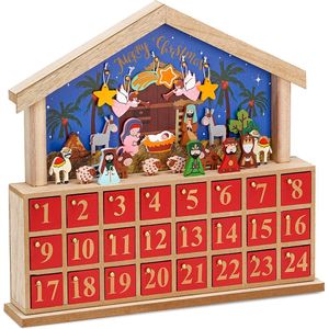 BRUBAKER Herbruikbare Houten Adventskalender- 24 Vakjes om zelf te vullen met kleine Cadeautjes - Bethlehem - Doe-het-zelf-kalender 34,5 x 32 x 6 cm
