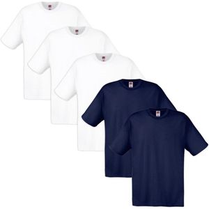 5 Fruit of the Loom Original T-shirt 100% katoen wit en marineblauw L