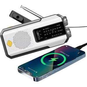 Noodradio - Draagbare Powerbank - LED Zaklamp - SOS Knop - Dynamo/Solar/Zonnepaneel - AM/FM Radio - Wit - 2025 model