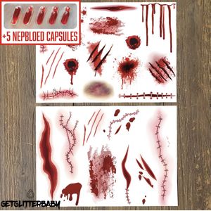 GetGlitterBaby® - 2 Tattoo + Nep Bloed Capsules / Halloween Horror Decoratie Versiering Wonden Grime / Carnaval Schmink Make Up Plak Grime / Tijdelijke Tattoo / Nep Tatoeage + Vloeibaar Dik Rood / Nepbloed / Nep Wond / Fake Kunst Blood - 5 Capsules