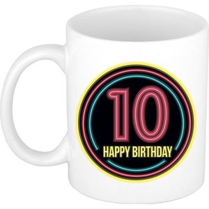 Bellatio Decorations Verjaardag mok / beker - happy birthday 10 jaar - neon - 300 ml