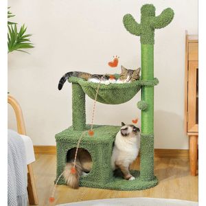Kattenu krabpaal Cactus 3-in-1 Style C - 102 cm hoog - Groen - Met katten hangmat en katten huisje
