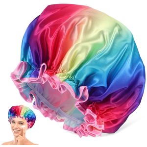 Double Layer Rainbow Shower Cap For Women And Men Waterproof Hair Cover For Daily Use Comfortable Elastic And Durable For Travel And Home