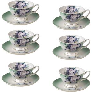 HAES DECO - Kop en Schotel set van 6 - inhoud 200 ml - kleuren Groen / Blauw / Roze - Bedrukt Porselein met Bloemen - Theeservies, Koffieservies, Theekoppen, Koffiekoppen, Cappuccino