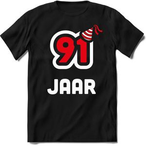 91 Jaar Feest kado T-Shirt Heren / Dames - Perfect Verjaardag Cadeau Shirt - Wit / Rood - Maat 9XL