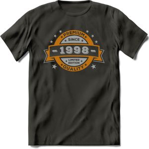 Premium Since 1998 T-Shirt | Goud - Zilver | Grappig Verjaardag Kleding Cadeau Shirt | Dames - Heren - Unisex Tshirt | - Donker Grijs - XL