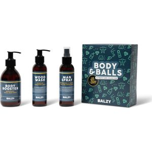 BALZY Body & Balls Collection - Complete Body Care Set - Geschenkset Mannen - BodyBooster Douchegel 250 ml - WoodWash Zeep voor Billen & Ballen 150 ml - ManSpray voor Intieme Delen 150 ml