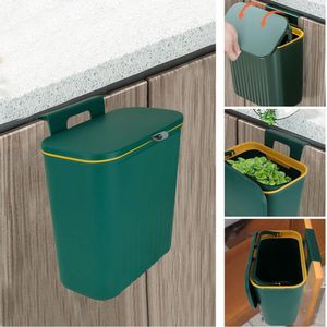 Hangende vuilnisemmer met deksel, 9 liter, wandafvalbak, keuken, plastic, keukenafvalbak, compostemmer voor keuken, badkamer, slaapkamer, kantoor (groen)