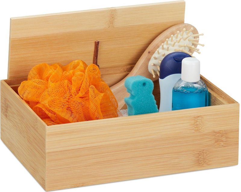Relaxdays bamboe opbergbox met deksel - kleine opbergdoos keuken - opbergmand badkamer