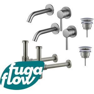 FugaFlow Eccelente Sobrado Badkamer Slim Wastafelkraanset - voor dubbele wastafel - inbouw wastafelkraan - always open plug - design sifon - PVD Geborsteld RVS -