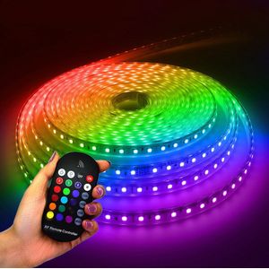 HOFTRONIC Flex60 - RGB LED Strip lichtslang 10m - 60 LEDs per meter 5050 SMD - 308 lumen per meter - IP65 voor binnen en buiten - Dimbaar via afstandsbediening - Waterdicht en UV bestendig - Per meter inkortbaar - Incl. Voedingskabel