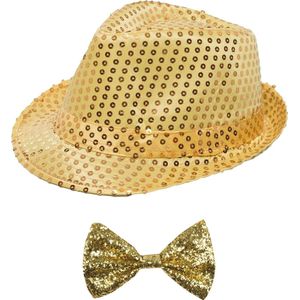Toppers in concert - Carnaval verkleed set - hoedje en vlinderstrikje - goud - volwassenen - glitters