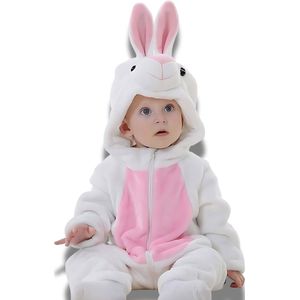 BoefieBoef Dieren Onesie Pyjama Kinderen 6m-2jr – Konijn Wit – Verkleedpak met Luierrits – Voor Carnaval, Halloween, Kraamcadeau – Superzacht Flanel - Romper - Boxpak - Jongens - Meisjes