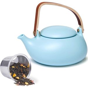 Theepot keramiek met zeefinzet, houten handvat Matt Porzella Japanse theeservies, 800 ml, kleine blauwe kan geschenken voor losse thee