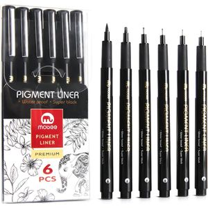 MOBEE - Fineliners - Zwart - 5 stuks + 1 Brushpen - Vervanging van Sakura - Watervast - Pigment Liner - Super Inkt - Tekenen - Schrijven - Handlettering - Schetsen - Kalligrafie - Fineliner Set