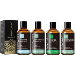 Etherische Olie Set 4 - Jasmijn - Eucalyptus - Venkel/Anijs - Cederhout - Combi Oliën 4 x 30ml -Jasmine - Eucalyptus - Fennel - Cedarwood (adviesprijs €99,80)