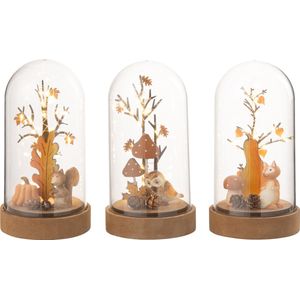J-Line decoratie Stolp Vos/Uil/Eekhoorn - hout/kunststof - naturel/oranje - 3 stuks - LED lichtjes