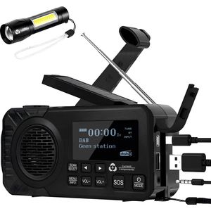 Noodradio - DAB+ - Solar Opwindbaar - Powerbank - Draagbare Radio - Noodpakket - Zaklamp - Opladen en op Batterijen - Bluetooth - Volledig Nederlands