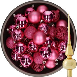Bellatio Decorations Kerstballen - 37x stuks - fuchsia roze 6 cm - met glazen piek goud