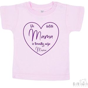 Soft Touch T-shirt Shirtje Korte mouw ""De liefste mama is toevallig mijn mama"" Unisex Katoen Roze/paars Maat 62/68