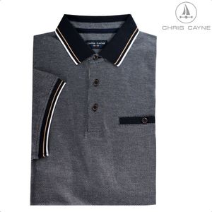 Chris Cayne poloshirt - maat L - jacquard dessin - donkerblauw/offwhite - luxe kraag en manchetten met ingebreid streep patroontje - pique - stretch - met borstzak - paspelzak - luxe polo - bruine knoopjes