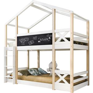 Merax Stapelbed 90x200 - Hoogslaper met Krijtbord - Bed voor Kinderen met Ladder - Wit en Bruin