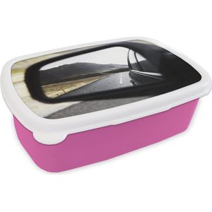 Broodtrommel Roze - Lunchbox - Brooddoos - Auto - Spiegel - Reflectie - 18x12x6 cm - Kinderen - Meisje