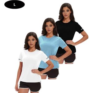 Nivard Sportshirt Dames - Sport - Fitness - Compressie Shirt - Corrigerend Hemd - Sportkleding - Vrouwen - 3 Stuks - Zwart + wit + Blauw - S
