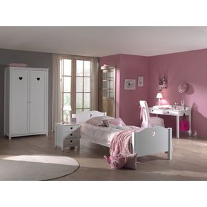 LUCEVI - Amori bed + Nachtkastje + 2 Deurs Kleerkast + Bureau - Wit - 90x200 cm