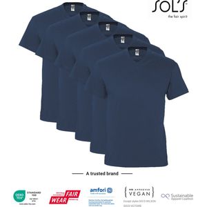 5 Pack SOLS V-hals, Heren T-Shirt 100% katoen V-hals, Denim Blauw, Maat S