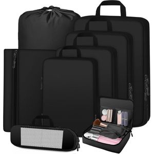 Kofferorganizerset met compressie [8-delig], reisorganizer, pakzakken voor koffer, kofferorganizer met kledingtassen, make-uptas, zwart